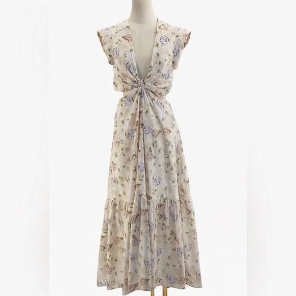 Sofía The Label Floral Cut-Out Maxi Cream Pastel Print Deep V Boho Summer Dress - Picture 3 of 16